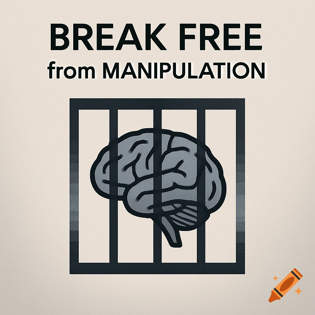 An illustration of a human brain inside a cage, with the text 'BREAK FREE from MANIPULATION' above it, on a minimalist background.