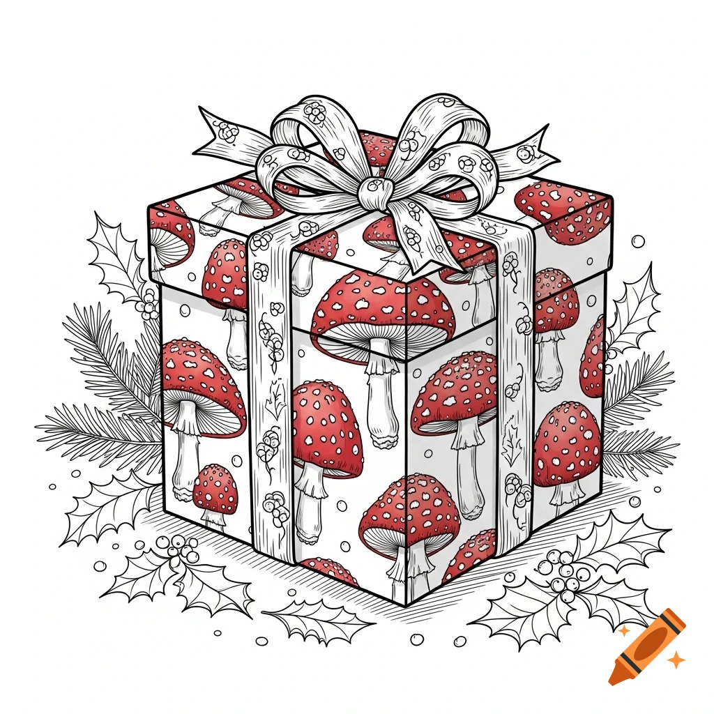 A coloring book style illustration of a Christmas present with Amanita mushroom print paper and a decorated bow, surrounded by holly and pine branches.
