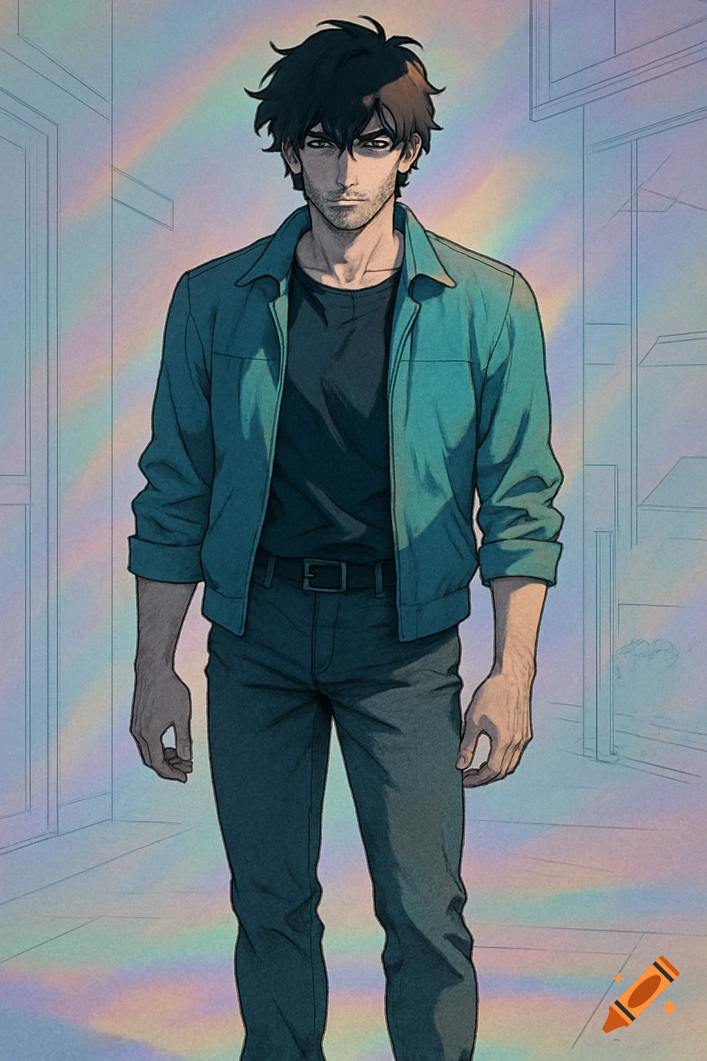 Anime illustration of a man with dark shaggy hair and a beard, wearing a teal jacket, standing in a room with iridescent light.