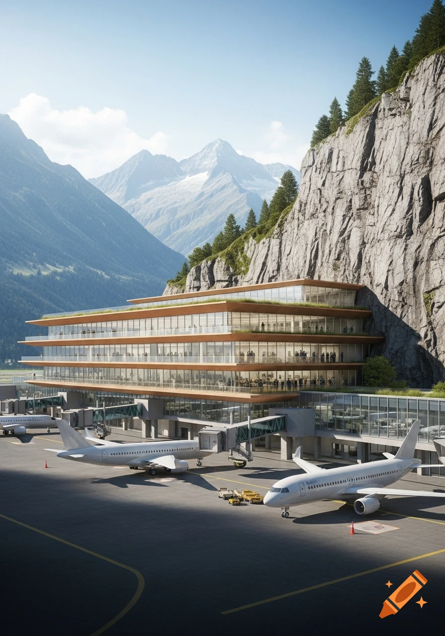 A modern glass and wood airport terminal built into a rocky mountain, with airplanes on the tarmac and snow-capped peaks in the background.