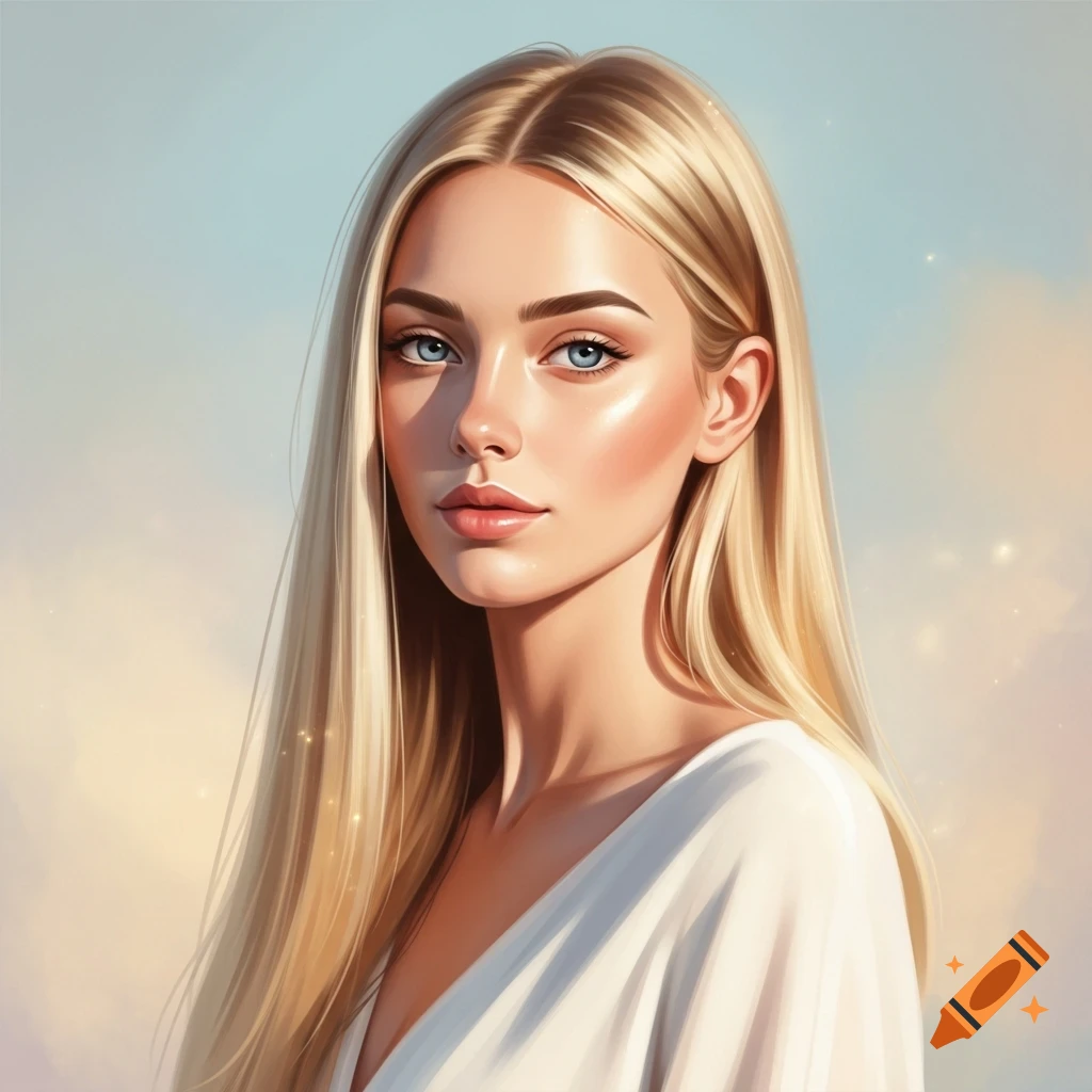 Digital art portrait of a blonde woman with blue eyes and long hair ...