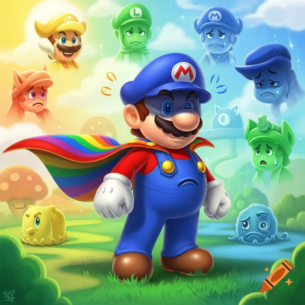 A cartoon image of Mario in a rainbow cape standing in a colorful landscape, surrounded by emotional, ghostly versions of other Mario characters.