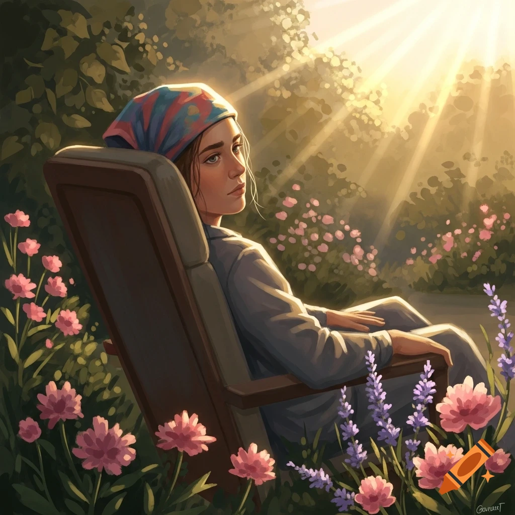 A digital painting of a pensive woman in a colorful headscarf sitting in a garden chair amidst pink and purple flowers, bathed in sunlight.