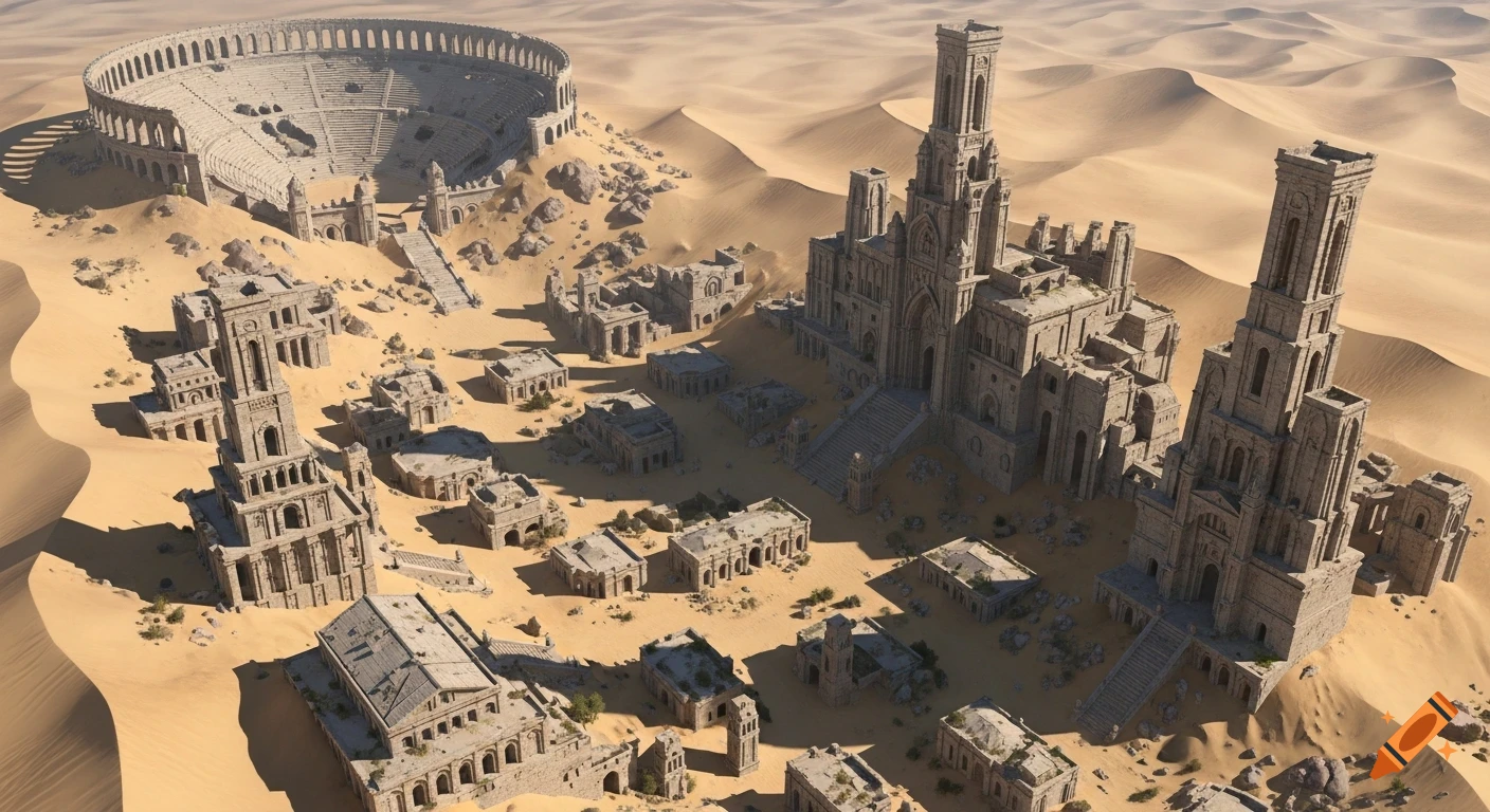 Aerial view of a vast, ruined ancient city with grand stone buildings and an amphitheater partially buried in a sandy desert.