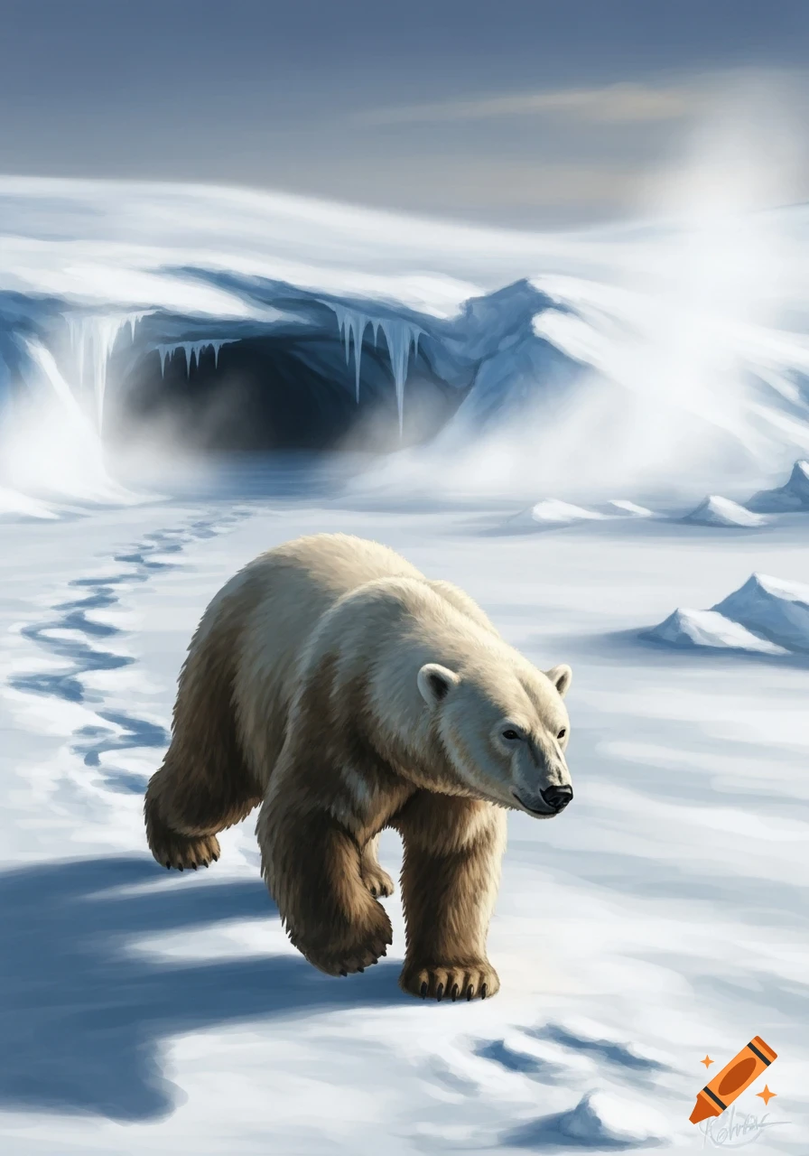 A majestic polar bear with hints of brown fur walks across a snowy ice field toward a shadowy cave, in a digital painting.