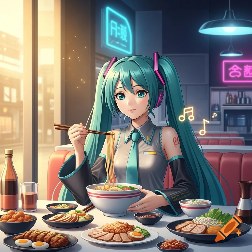 Hatsune Miku with long teal pigtails eats noodles with chopsticks at a table laden with various Japanese dishes in a vibrant restaurant.