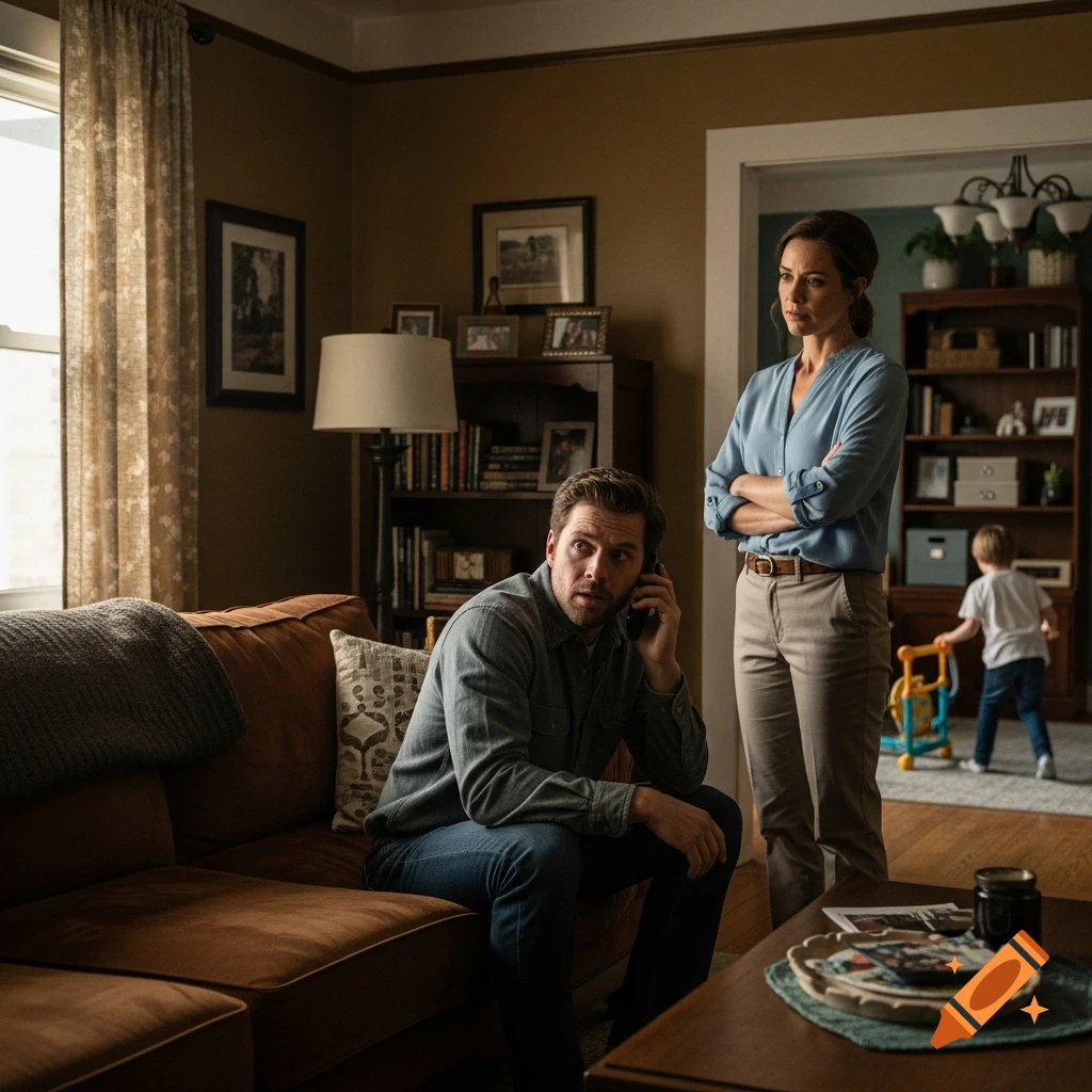 A man looks distressed on the phone on a couch, a woman stands arms crossed, and a child plays in the background of a tense living room.
