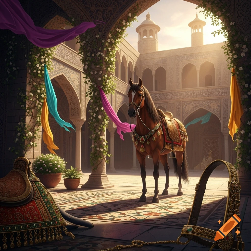 A brown horse with an ornate saddle stands in a grand, sunlit Persian-style courtyard adorned with flowing colorful fabrics and intricate architecture.