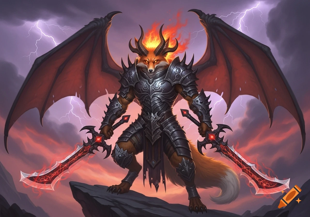A bipedal fox-demon in dark plate armor, with bat wings, horns, and fiery mane, dual-wielding glowing red swords under a stormy, lightning-filled sky.