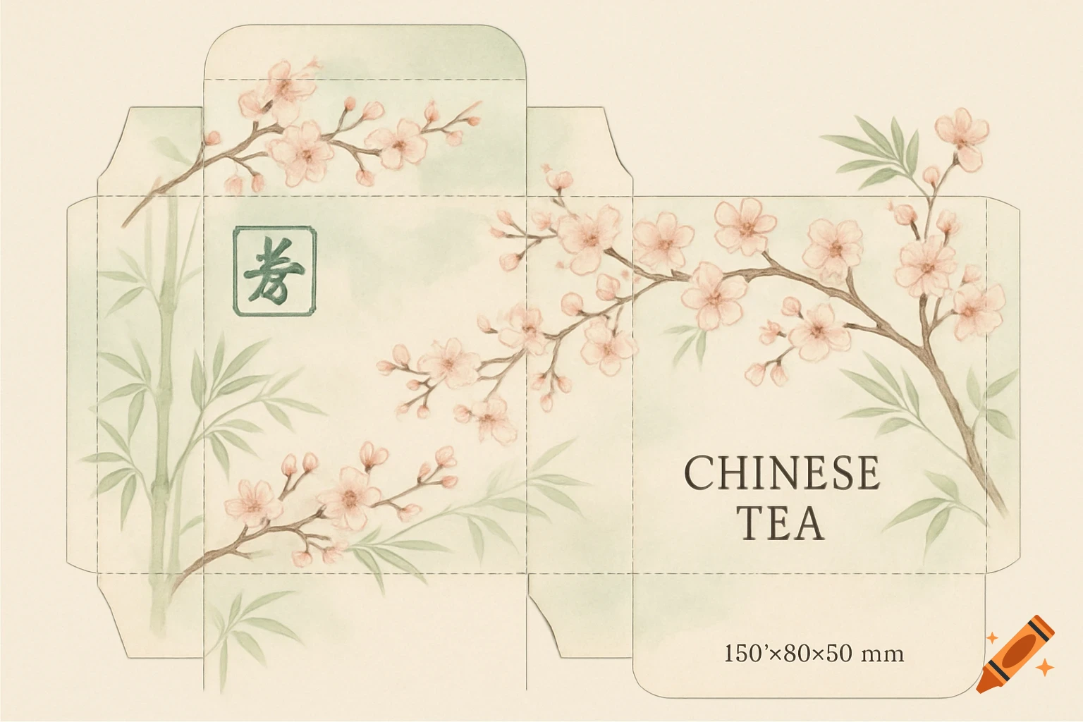 Watercolor design for a Chinese tea box with cherry blossoms, bamboo, and the character '寿' on an unfolded template.