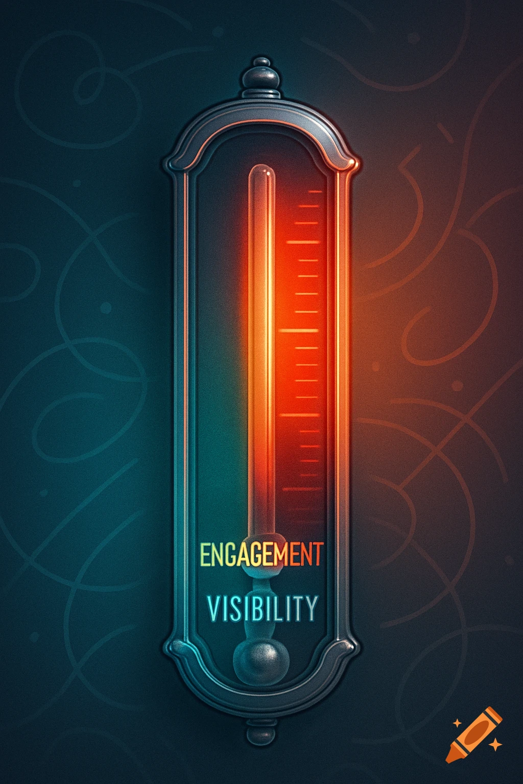 A stylized thermometer glows orange-red, labeled "ENGAGEMENT" and "VISIBILITY" against a dark background with subtle patterns.