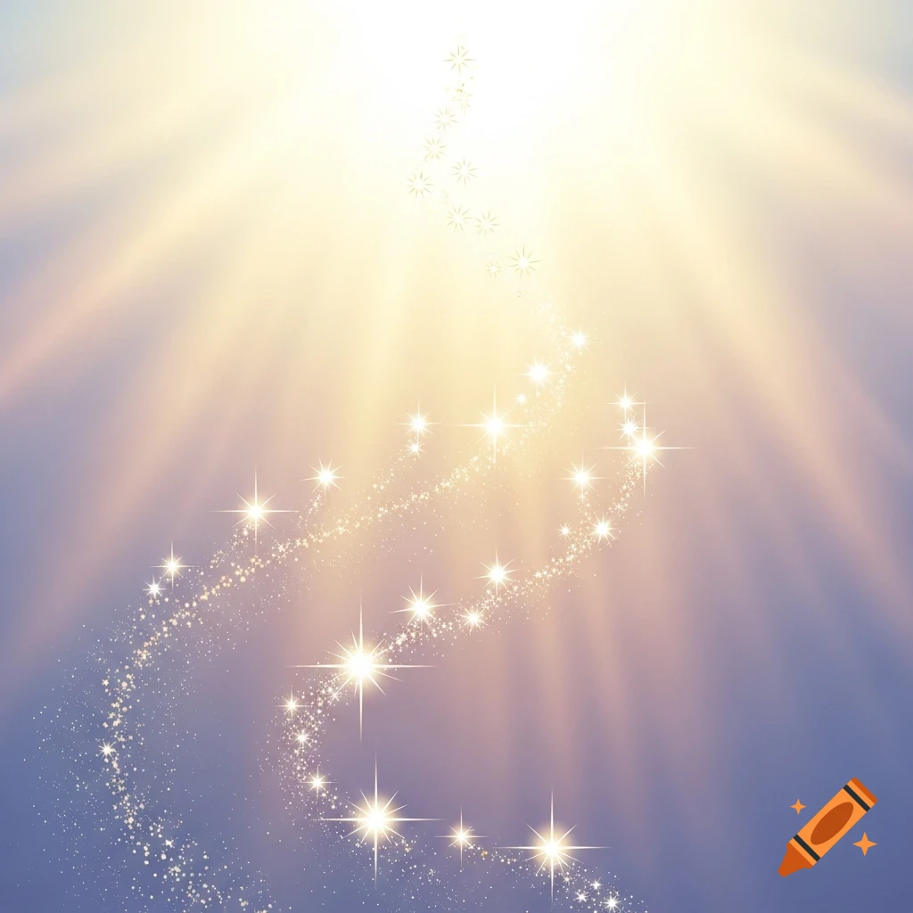 Swirling trail of sparkling stars and glittering particles against a radiant light background fading into purple.