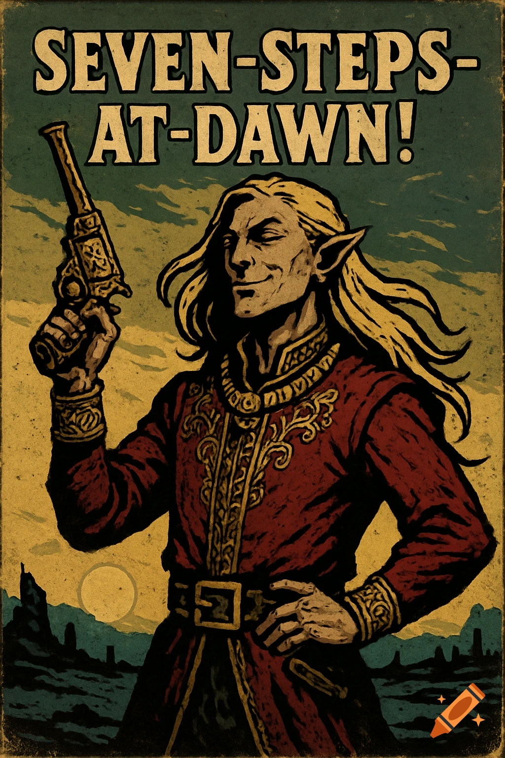 A Darkest Dungeon style illustration of a smug elf gunslinger holding a gold revolver, on a pulp book cover titled "Seven-Steps-at-Dawn!"