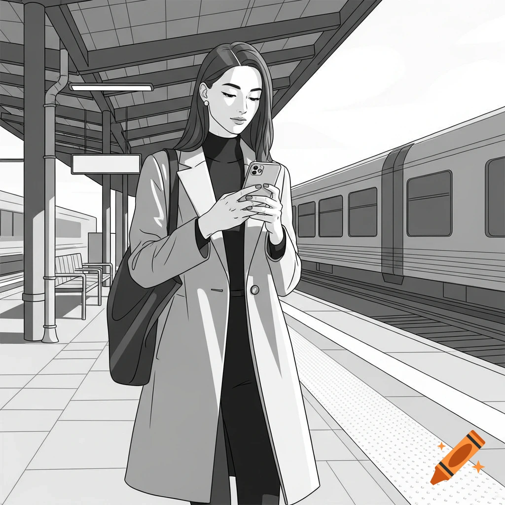 Black-and-white minimalist illustration of a woman on a train platform using her smartphone.