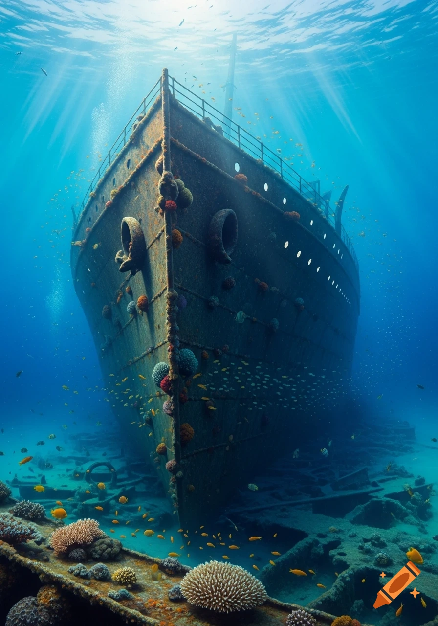 Photorealistic image of a large, rusted shipwreck covered in colorful coral and surrounded by schools of fish in clear blue ocean water, with sun rays piercing from above.