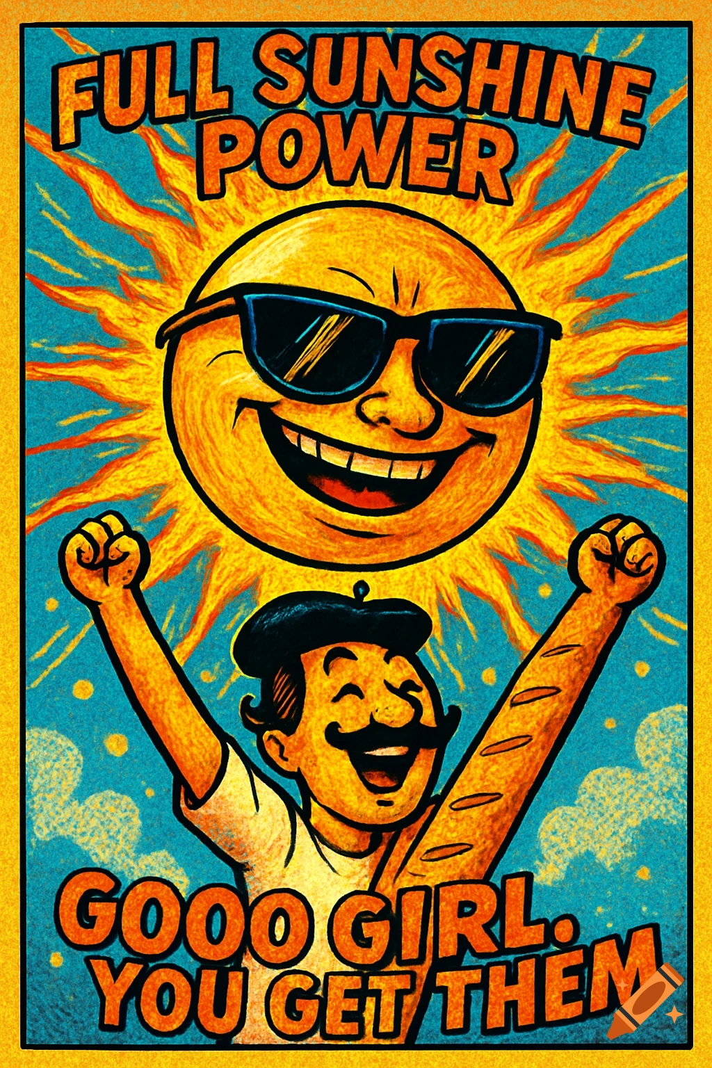 A colorful, comic-style image of a smiling sun in sunglasses above a cheering man holding a baguette. Text reads: 'Full sunshine power. Gooo girl, you get them'.