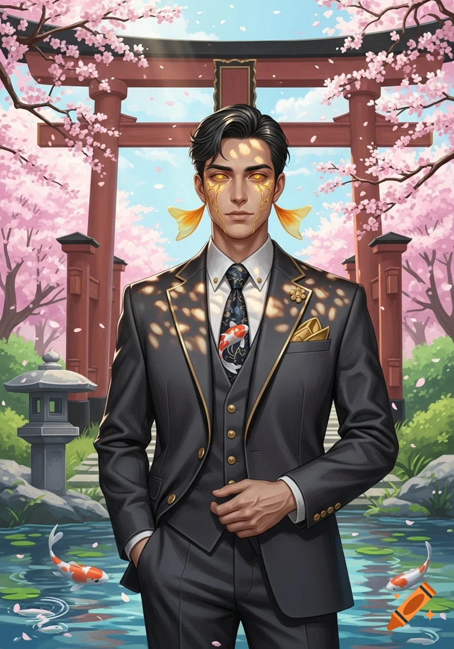 Anime man in a suit with golden goldfish eyes, standing in a Japanese garden with cherry blossoms, a torii gate, and a koi pond.