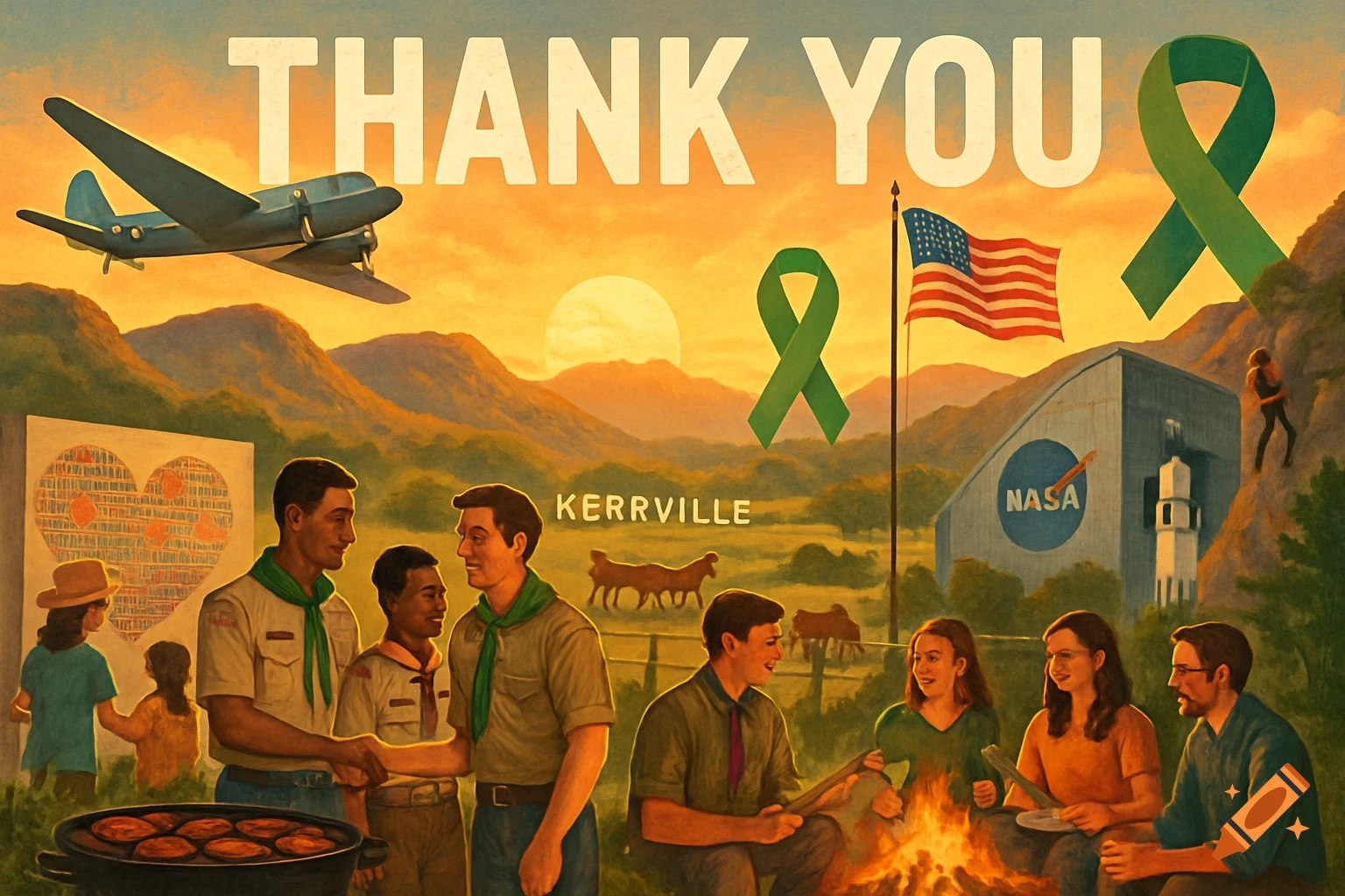 Poster art depicting a community gathering with a campfire, BBQ, US flag, NASA building, plane, green ribbons, and text 'THANK YOU' and 'KERRVILLE' in a mountain landscape at sunset.