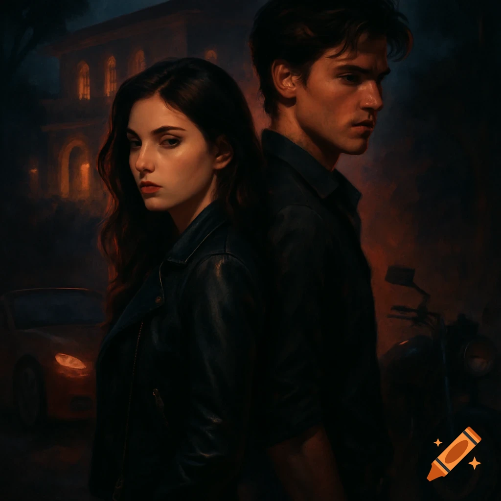 A man and woman, backs to each other, stand in a dark, mysterious street scene with a villa, car, and motorcycle in the background.