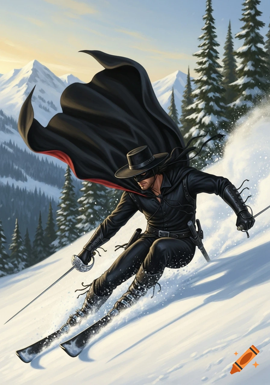 Zorro, in his black mask, hat, and cape, skis down a snowy mountain with pine trees, holding a sword.