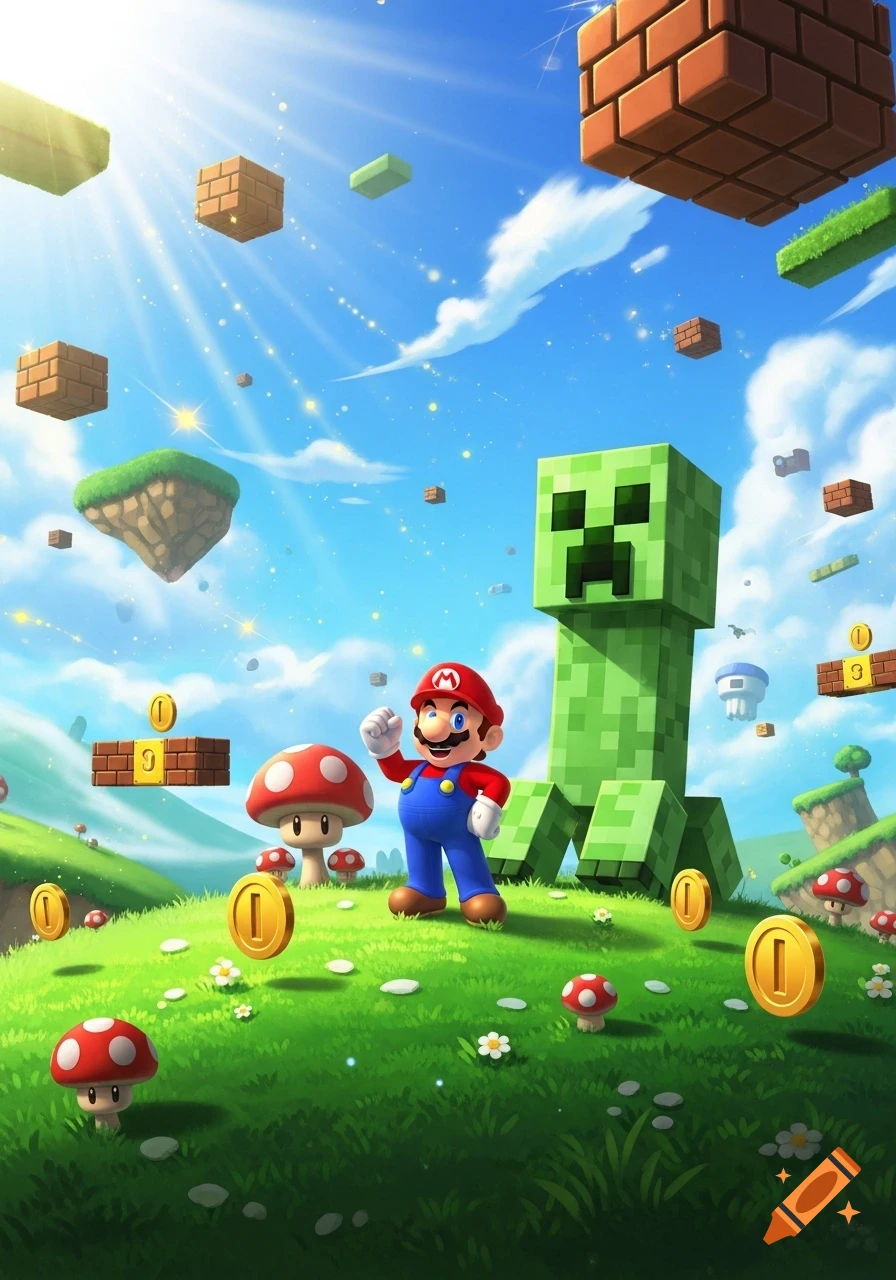 A vibrant cartoon illustration shows Mario standing with a giant Minecraft Creeper in a grassy field with floating block islands and gold coins under a bright blue sky.