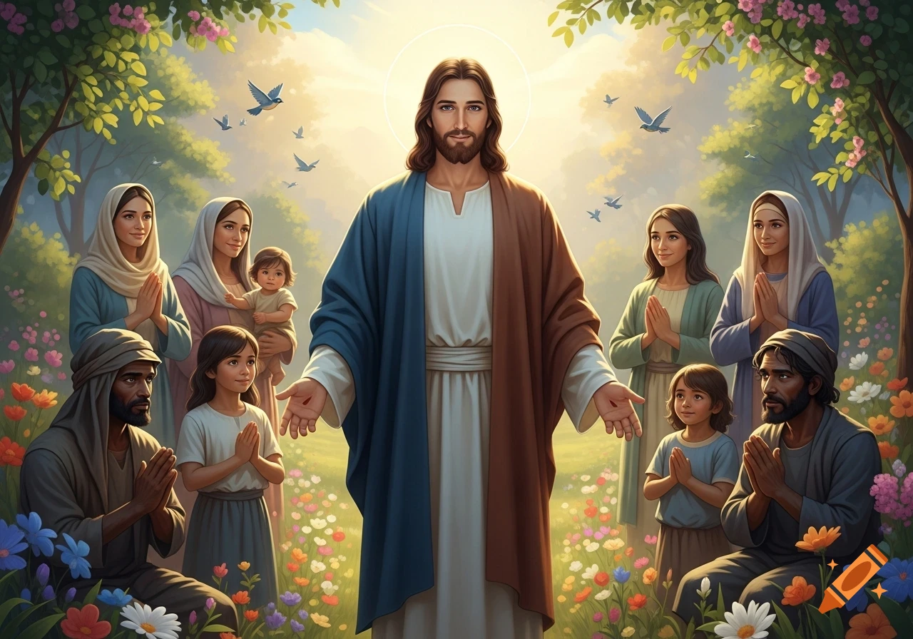 Illustrated Jesus Christ with open arms, surrounded by men, women, and children in a vibrant, flowery meadow with doves.
