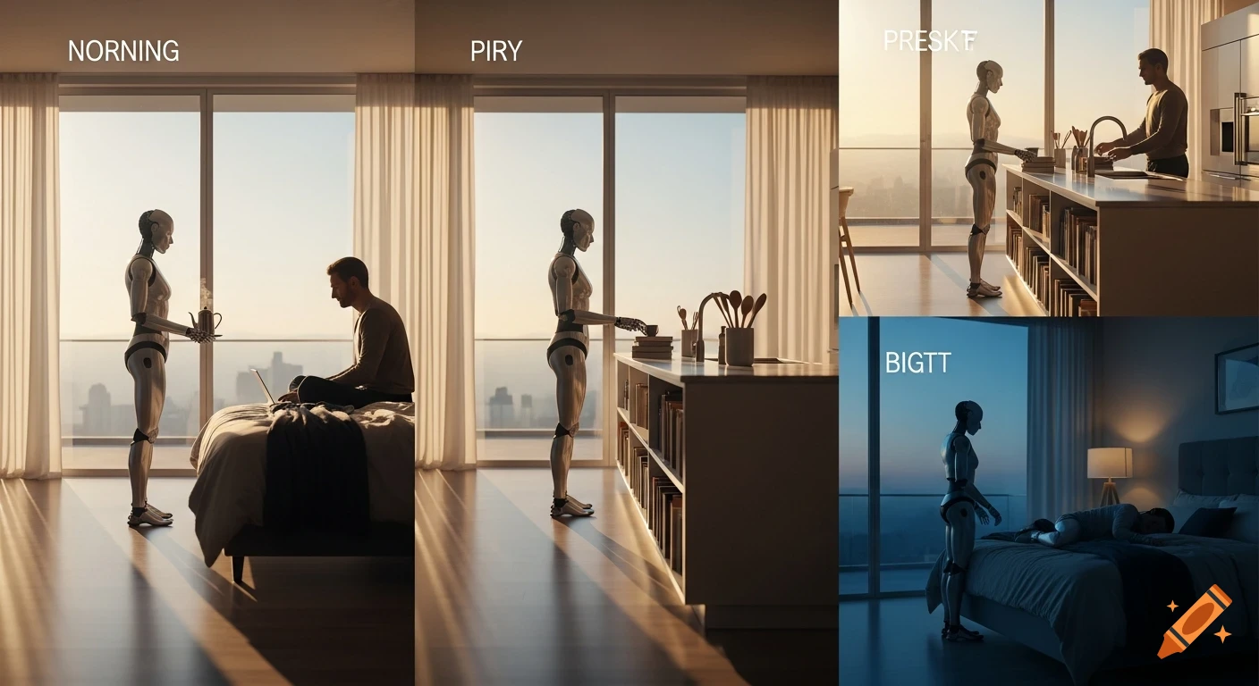 Four panels show a humanoid robot assisting a man in a modern apartment through morning, day, evening, and night, in a cinematic, realistic style.