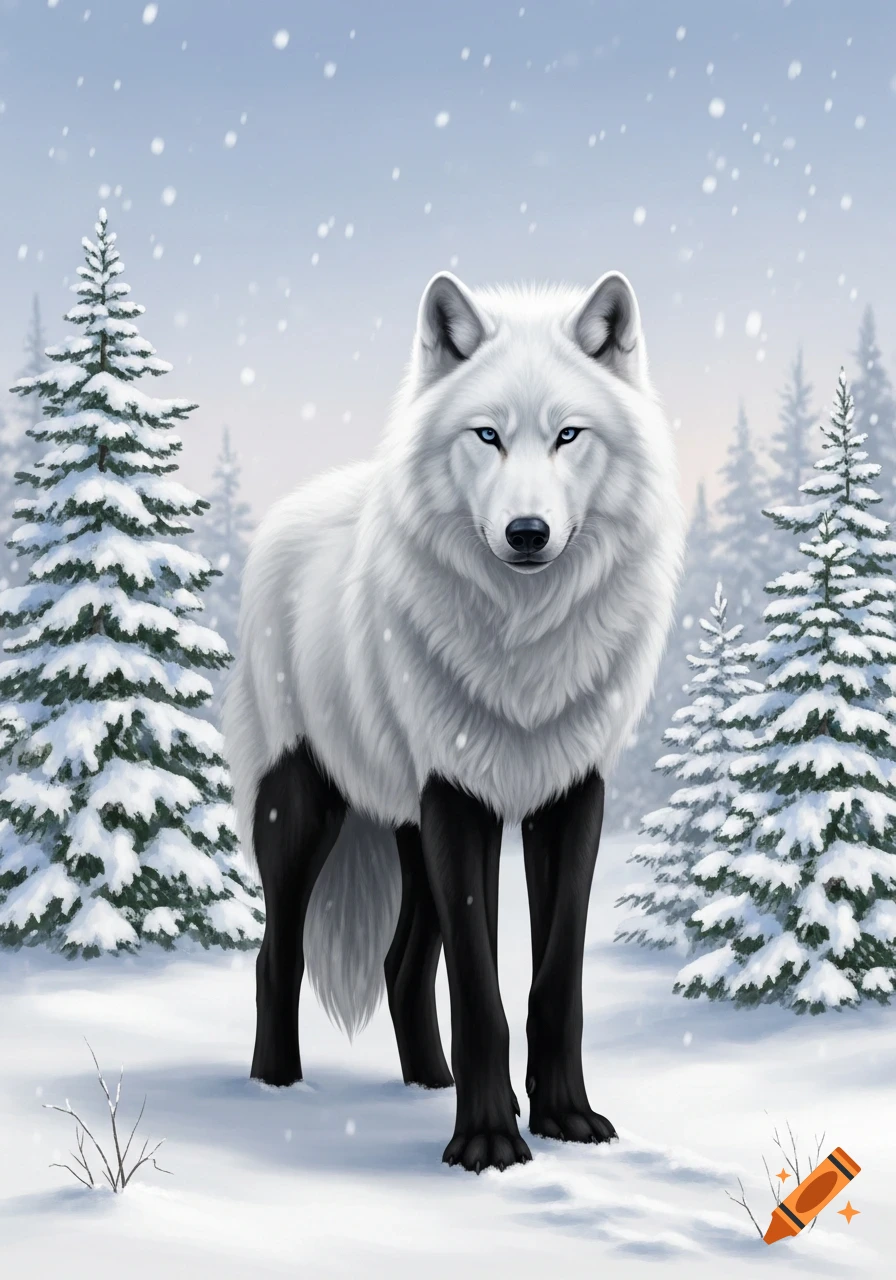 A majestic white wolf with black legs and blue eyes stands in a snowy forest during snowfall, digital art.