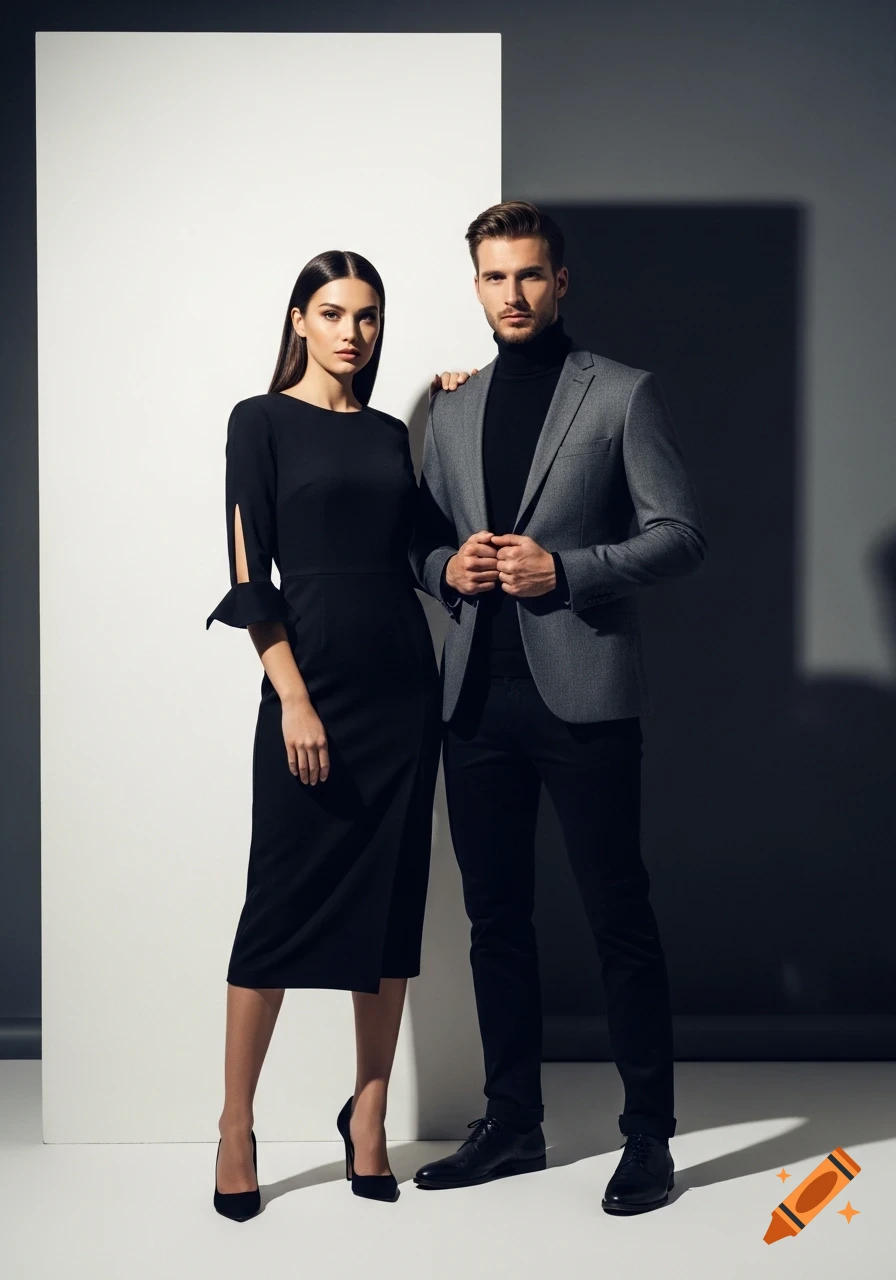 A photorealistic studio portrait of a man in a gray suit and black turtleneck, and a woman in a black dress, posing against a white and gray minimalist background.