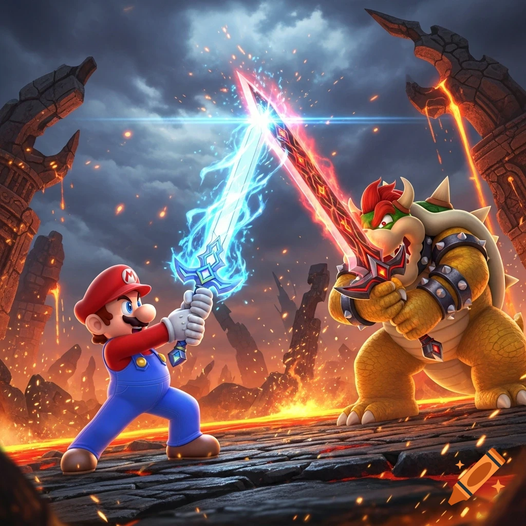 Mario and Bowser clash glowing swords in a dynamic battle scene within a fiery, ruined landscape.