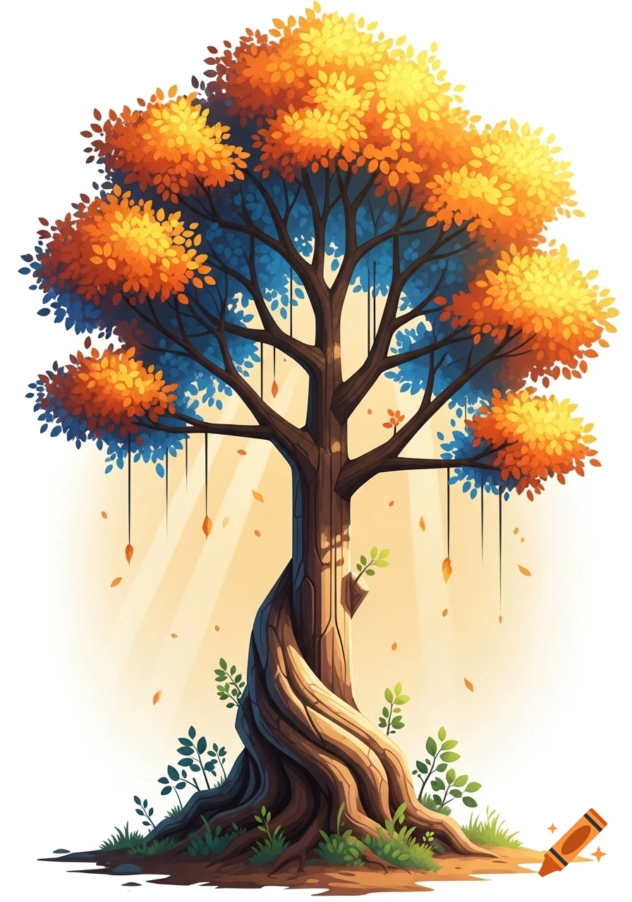A vibrant, stylized tree with orange and blue leaves, a gnarled trunk, and roots. Light rays shine through the foliage.