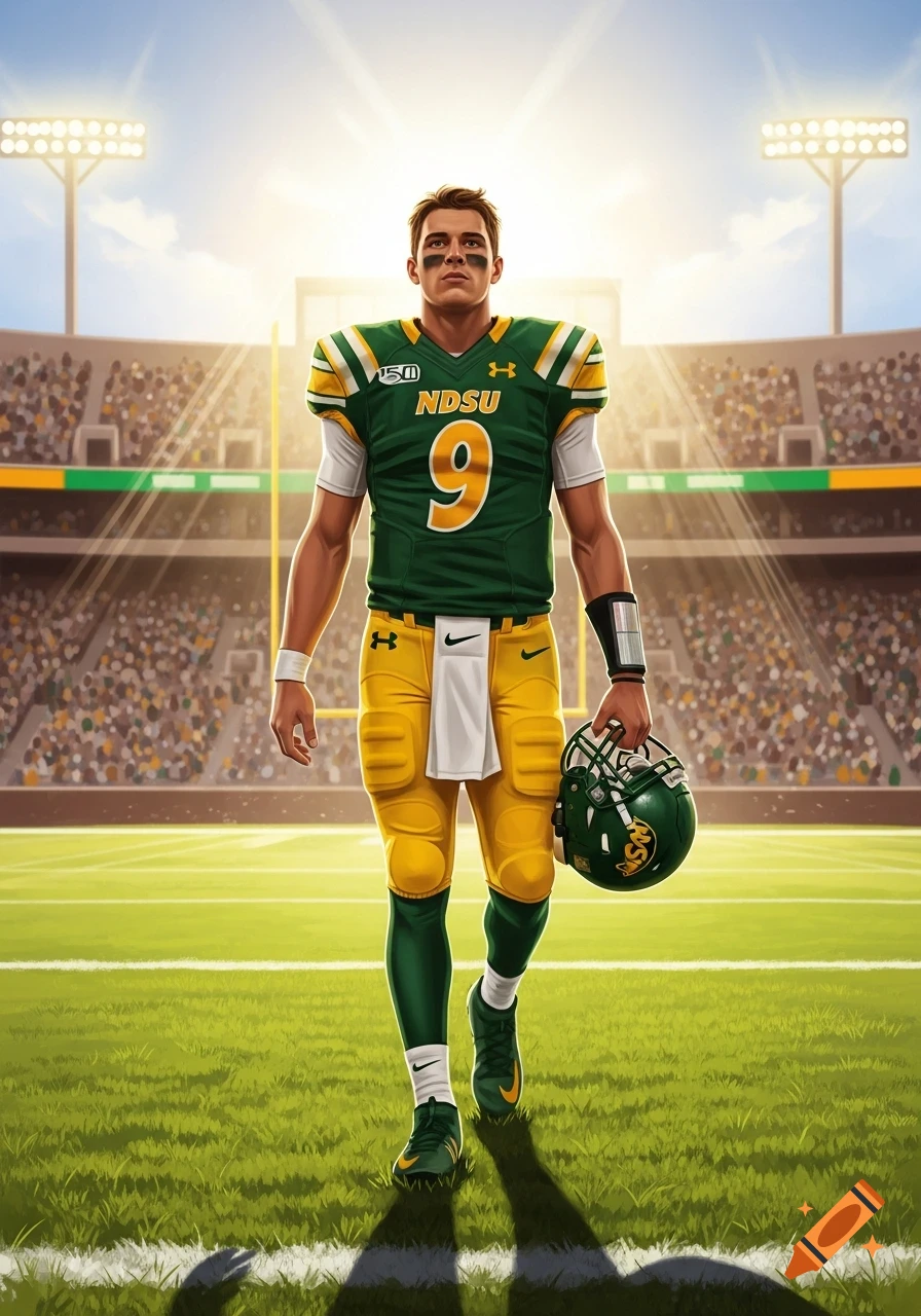 An illustration of an NDSU football quarterback in a green and gold uniform, wearing number 9, walking on the field with a helmet in hand, under stadium lights.