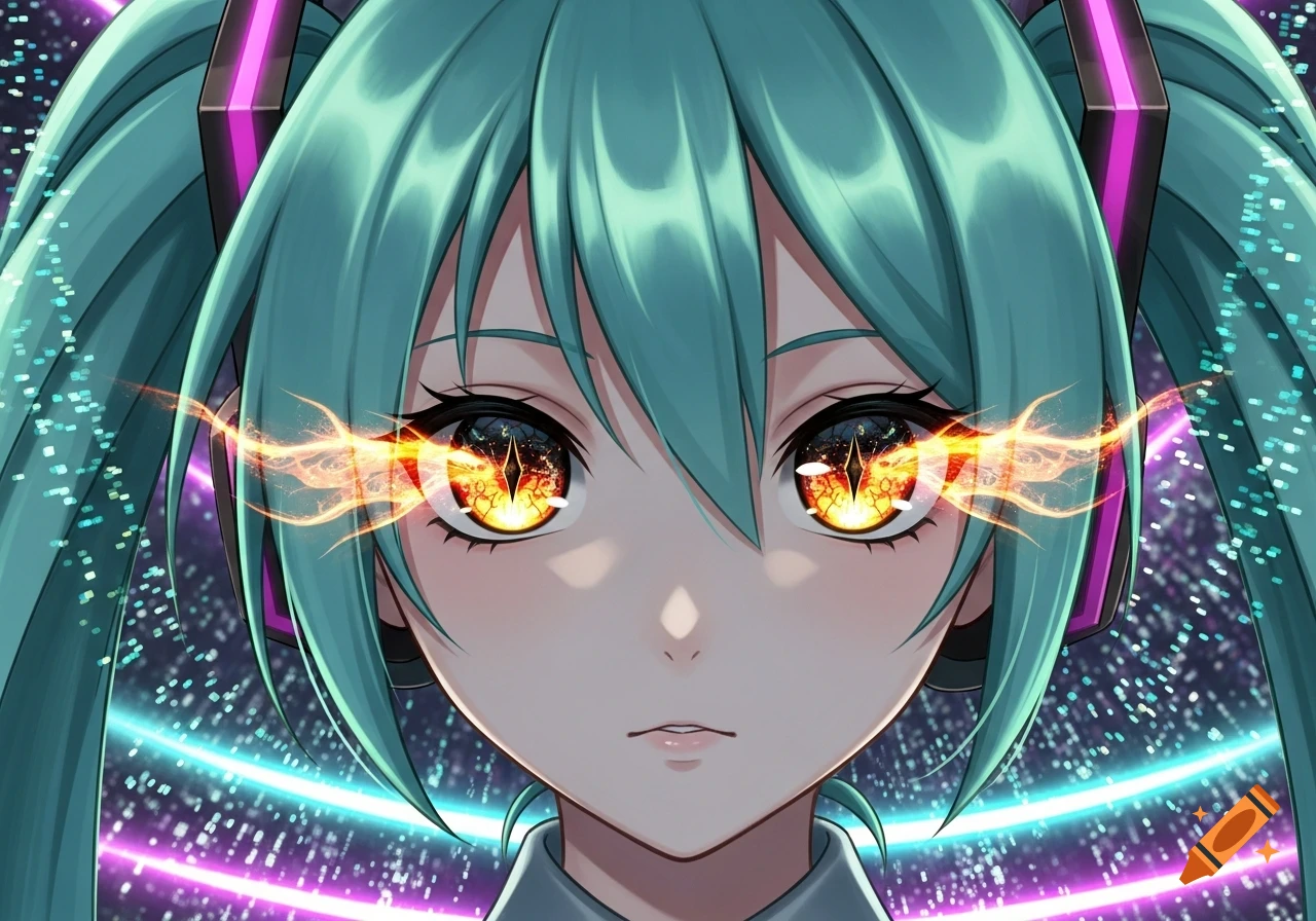 Close-up anime portrait of Hatsune Miku with teal hair, glowing yellow dragon eyes, and magenta headphones on a neon background.