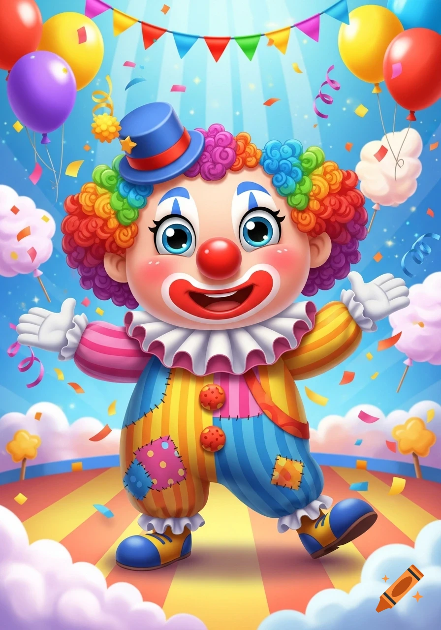 A cute cartoon clown with rainbow hair and a patched costume stands amidst colorful balloons and confetti at a festive event.