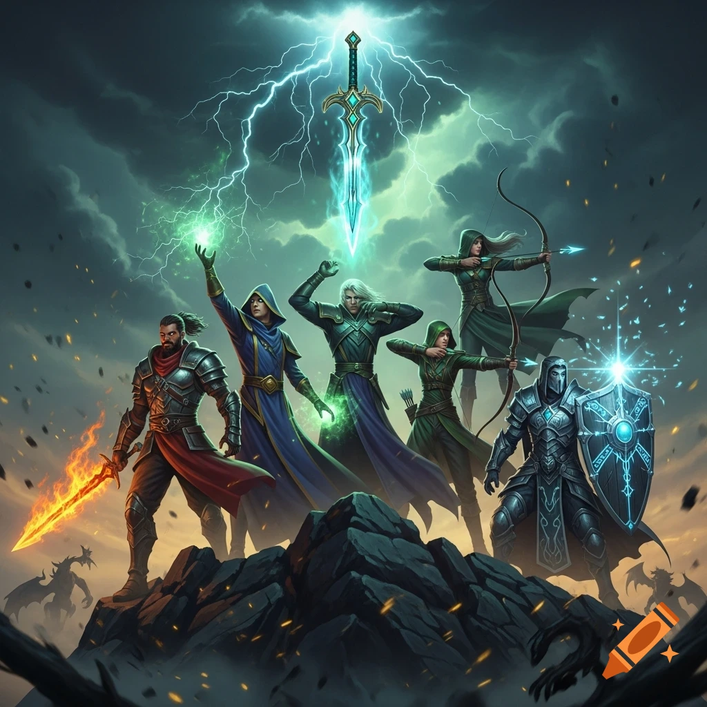 Fantasy heroes on a rocky peak under a stormy sky with lightning and a glowing sword. Characters include a warrior, mages, archers, and a paladin.