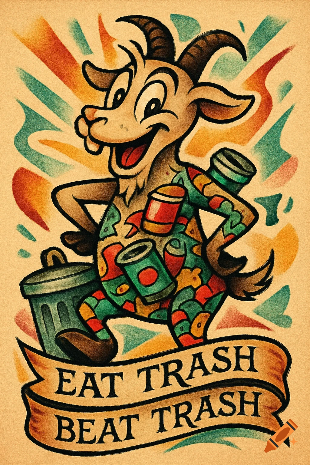 A grinning cartoon goat in Merrie Melodies tattoo style stands next to a trash can. A banner reads "Eat Trash Beat Trash".