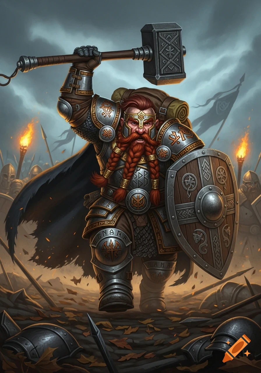 A heavily armored dwarf warrior with a red braided beard raises a warhammer and shield on a battlefield, fantasy art.