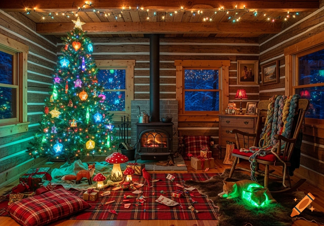 A cozy log cabin interior at night, illuminated by a brightly lit Christmas tree and glowing mushroom decorations. A ginger cat sleeps on a bearskin rug, surrounded by an emerald glow, while a fireplace crackles nearby.