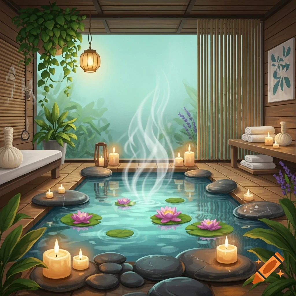 An illustrative image of a tranquil spa setting with a steaming hot tub, pink lotus flowers, lit candles, and green plants.