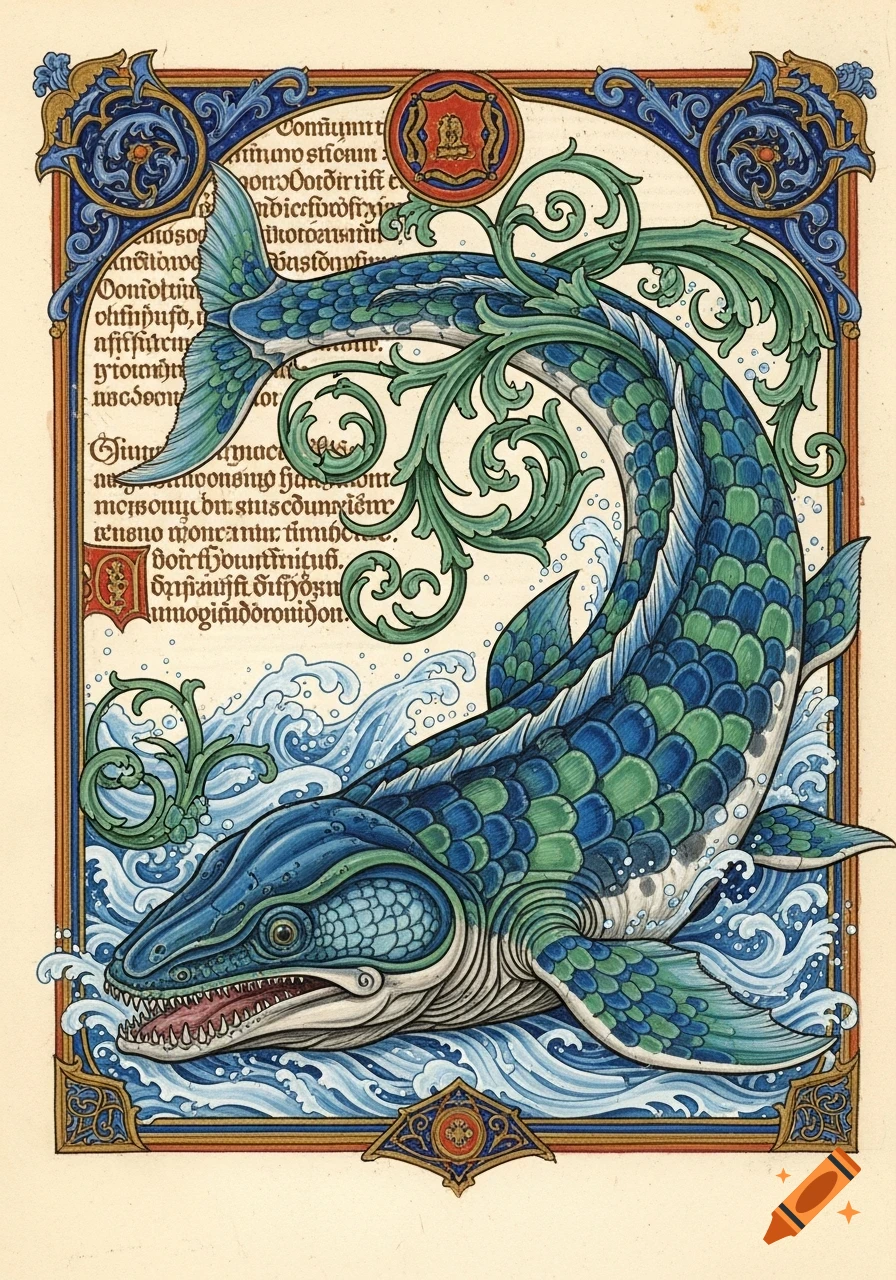 An intricately illustrated liopleurodon with blue and green scales, surrounded by waves and ornate borders, on a page in medieval manuscript style.