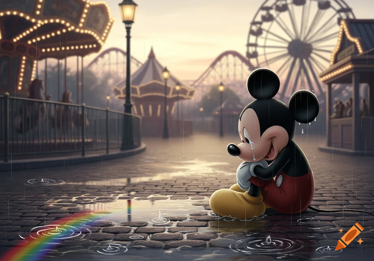 Mickey Mouse sits sadly on a wet cobblestone path in a rainy, deserted amusement park with a rainbow puddle.