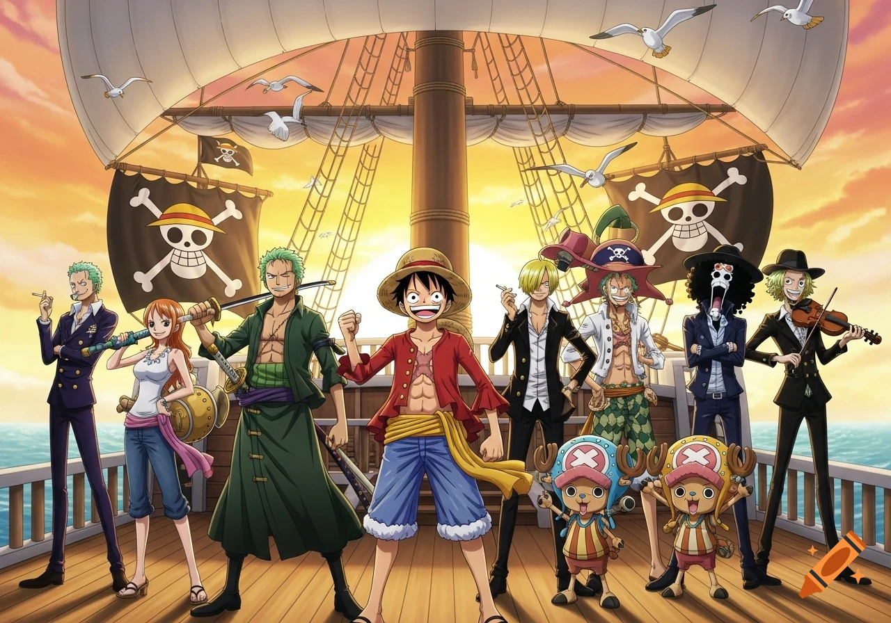 The Straw Hat Pirates from One Piece stand together on their ship, the Going Merry or Thousand Sunny, at sunset. Luffy, Zoro, Nami, Usopp, Sanji, Chopper, Robin, Franky, and Brook are all present in their distinct outfits.
