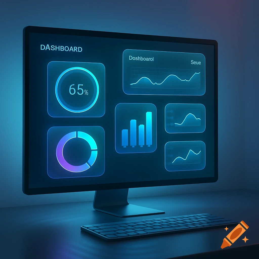 A computer monitor displays a futuristic blue dashboard with data widgets, including a 65% progress circle, a donut chart, bar graphs, and line charts, on a dark desk.