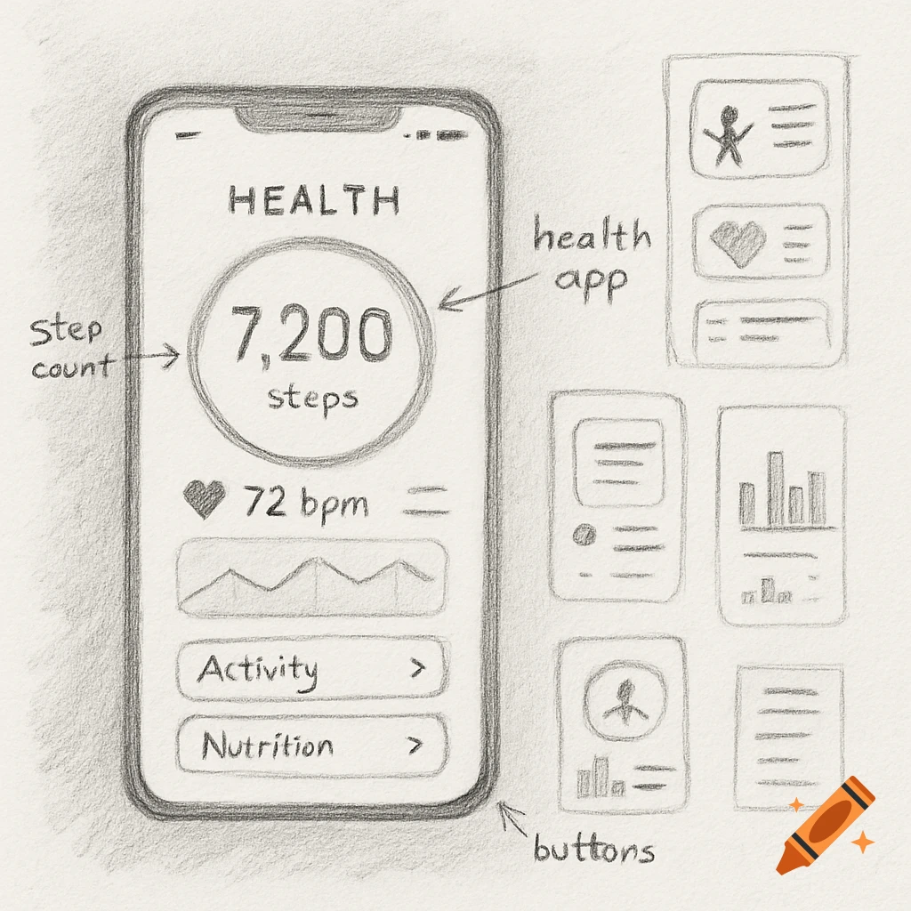 A hand-drawn sketch of a mobile health app interface showing steps, heart rate, and activity options, with additional UI elements.
