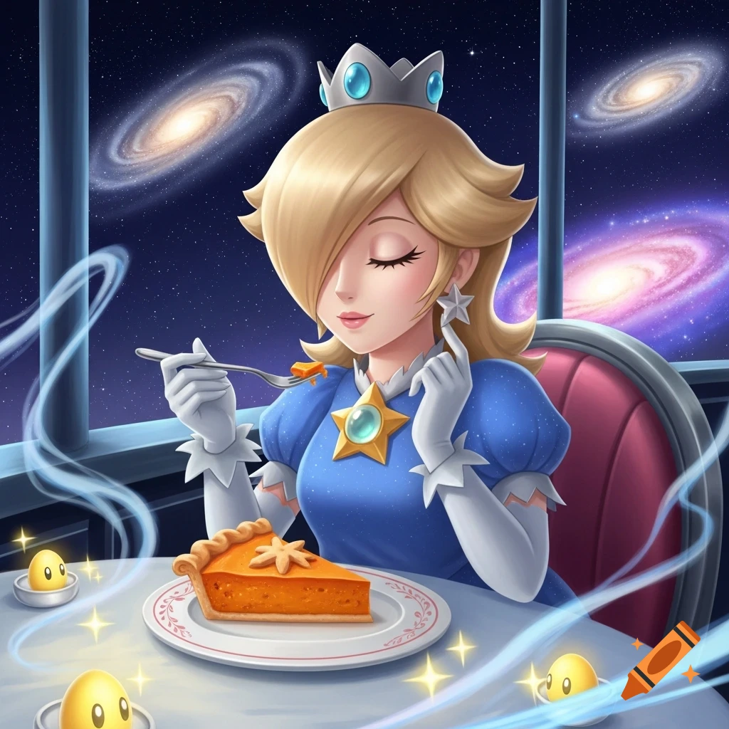 Rosalina from Mario Galaxy enjoys a slice of pumpkin pie with a fork at a table in a cosmic restaurant with galaxies outside the window.