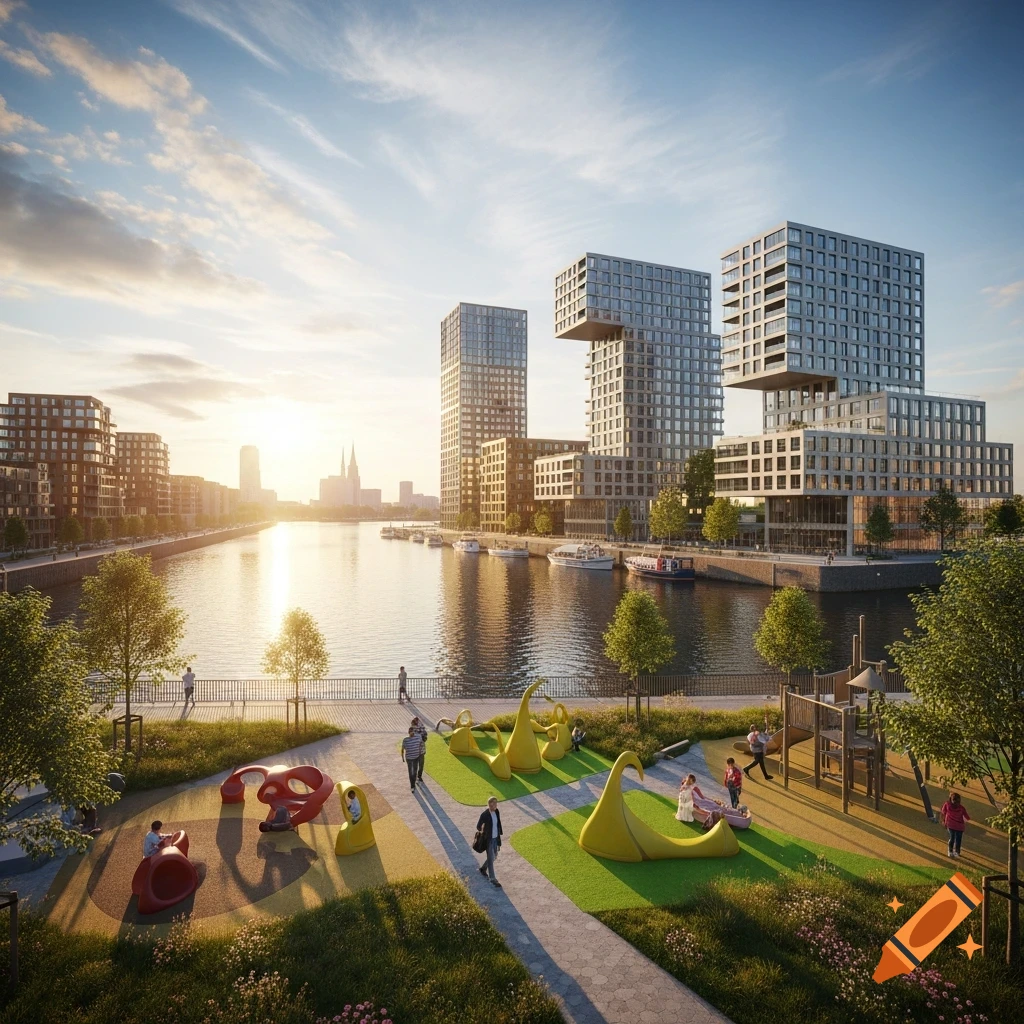 A modern, photorealistic city waterfront at sunset with distinctive buildings, a river with boats, a green park, and a playground.