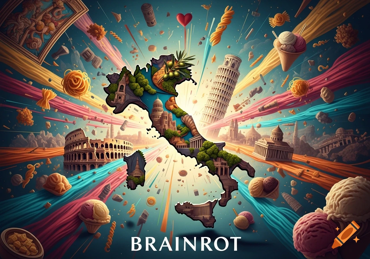Vibrant, surreal map of Italy with landmarks, pasta, and ice cream, on a blue background with colorful ribbons. Text 'BRAINROT'.