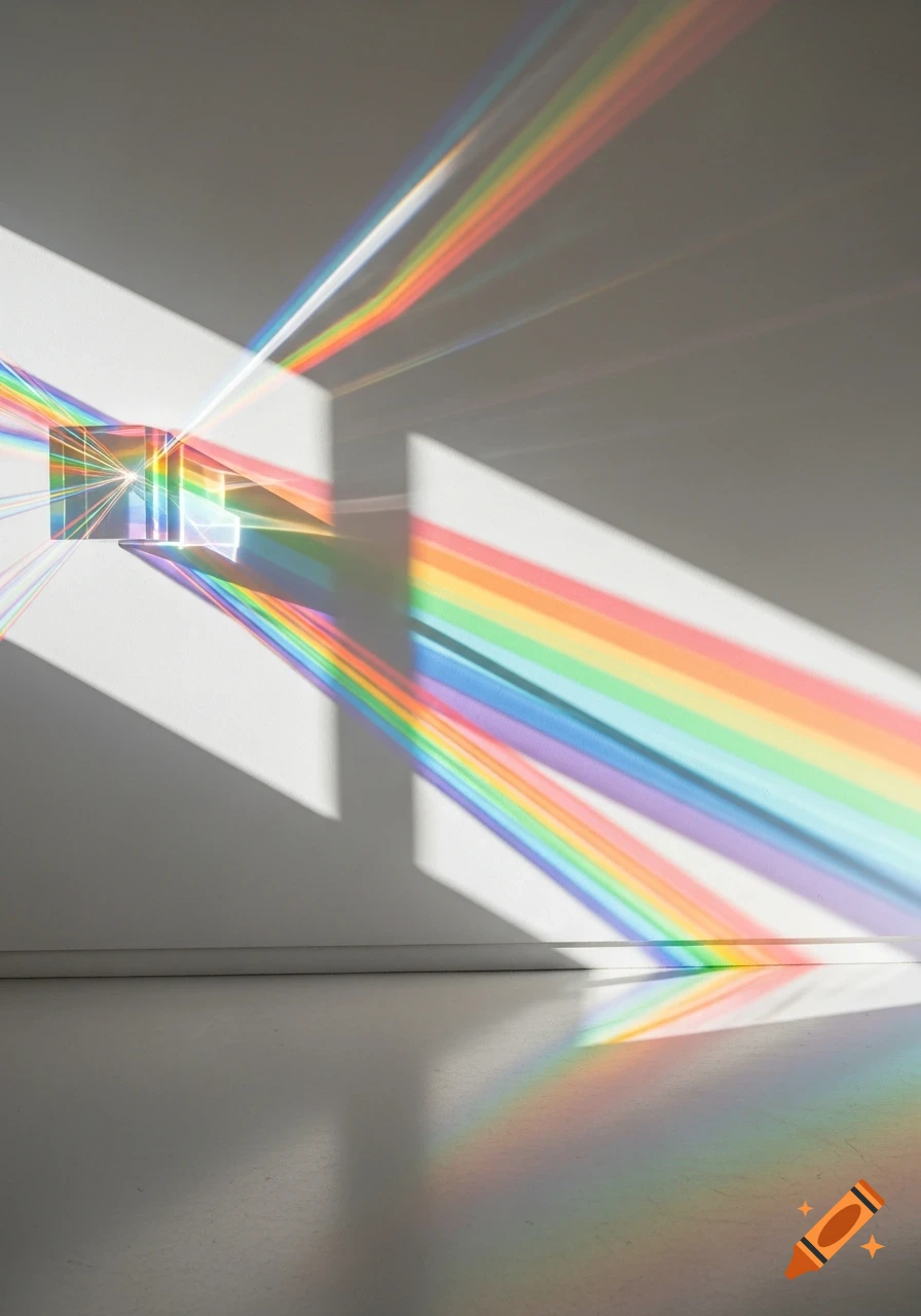 A prism refracts light, casting a vibrant rainbow spectrum across a white wall and floor.