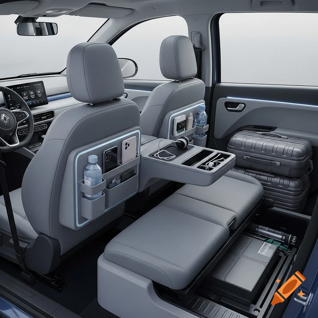 Interior of a compact electric vehicle with gray seats, a foldable passenger seat acting as a multi-function console, and luggage in the back.