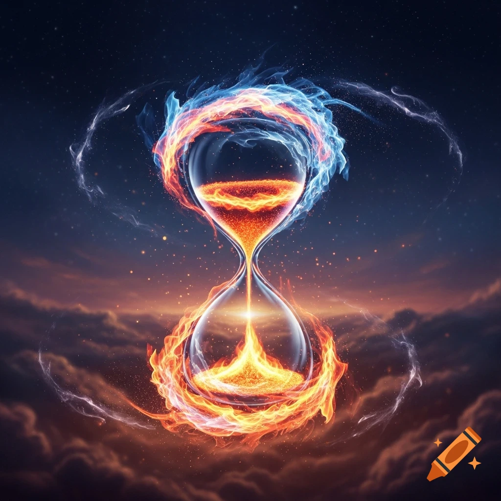 A glowing hourglass, filled with orange embers, is encircled by swirling blue and red energy against a starry sky and cloudy horizon.